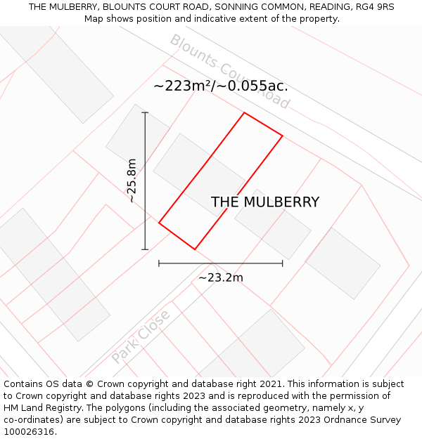 THE MULBERRY, BLOUNTS COURT ROAD, SONNING COMMON, READING, RG4 9RS: Plot and title map