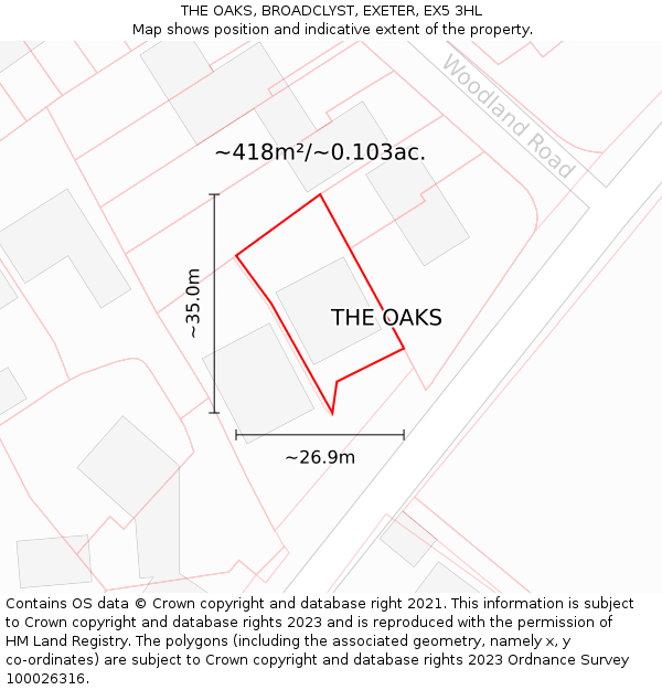 THE OAKS, BROADCLYST, EXETER, EX5 3HL: Plot and title map