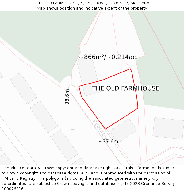 THE OLD FARMHOUSE, 5, PYEGROVE, GLOSSOP, SK13 8RA: Plot and title map
