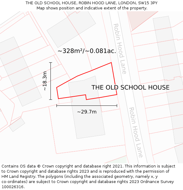 THE OLD SCHOOL HOUSE, ROBIN HOOD LANE, LONDON, SW15 3PY: Plot and title map