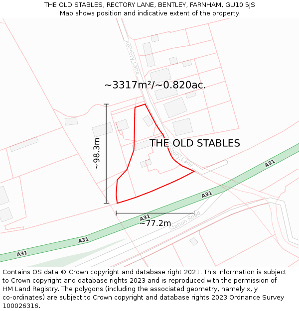 THE OLD STABLES, RECTORY LANE, BENTLEY, FARNHAM, GU10 5JS: Plot and title map