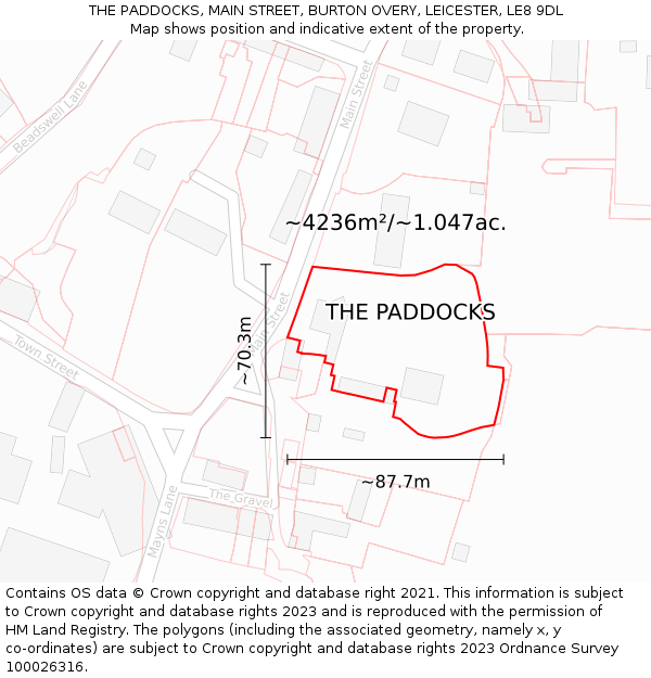 THE PADDOCKS, MAIN STREET, BURTON OVERY, LEICESTER, LE8 9DL: Plot and title map