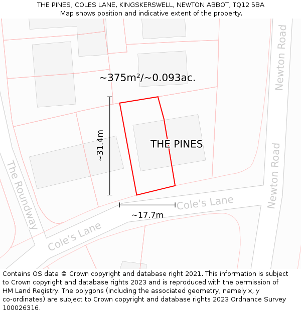 THE PINES, COLES LANE, KINGSKERSWELL, NEWTON ABBOT, TQ12 5BA: Plot and title map