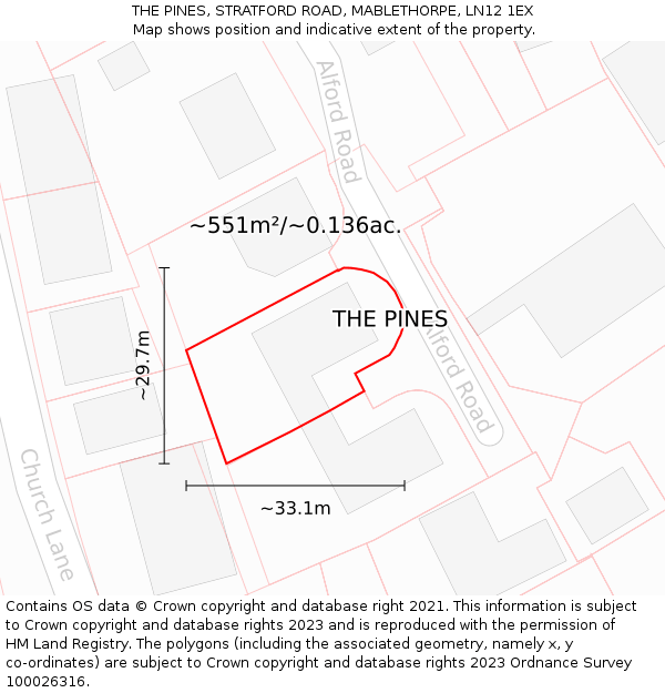 THE PINES, STRATFORD ROAD, MABLETHORPE, LN12 1EX: Plot and title map
