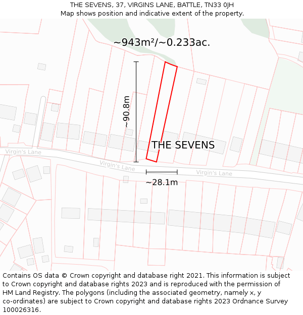 THE SEVENS, 37, VIRGINS LANE, BATTLE, TN33 0JH: Plot and title map