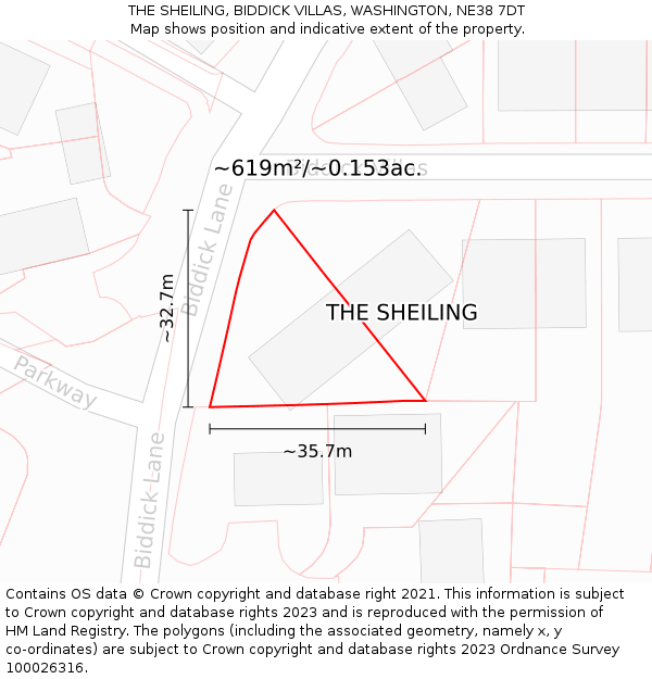 THE SHEILING, BIDDICK VILLAS, WASHINGTON, NE38 7DT: Plot and title map
