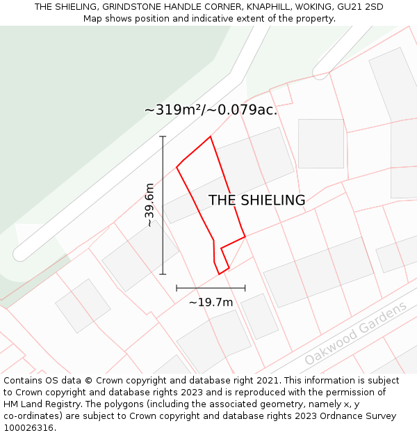 THE SHIELING, GRINDSTONE HANDLE CORNER, KNAPHILL, WOKING, GU21 2SD: Plot and title map