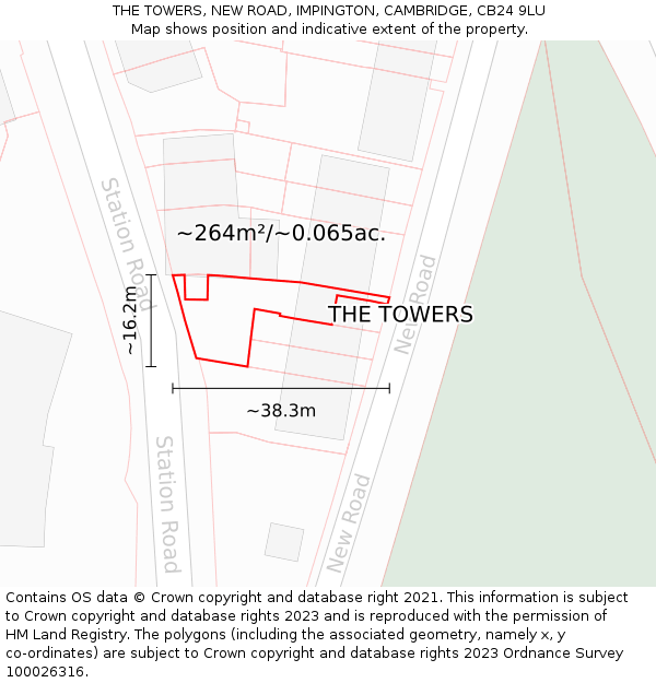 THE TOWERS, NEW ROAD, IMPINGTON, CAMBRIDGE, CB24 9LU: Plot and title map