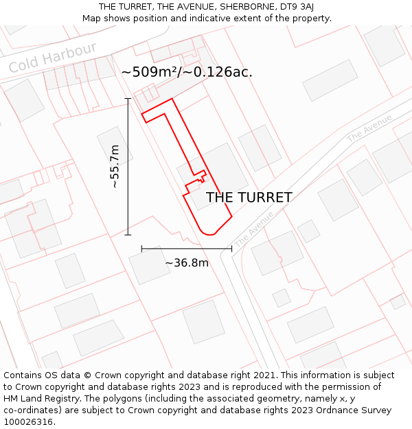 THE TURRET, THE AVENUE, SHERBORNE, DT9 3AJ: Plot and title map