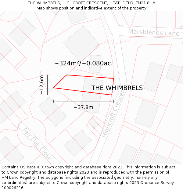 THE WHIMBRELS, HIGHCROFT CRESCENT, HEATHFIELD, TN21 8HA: Plot and title map