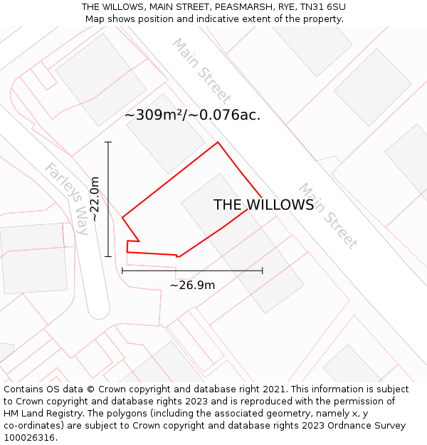 THE WILLOWS, MAIN STREET, PEASMARSH, RYE, TN31 6SU: Plot and title map