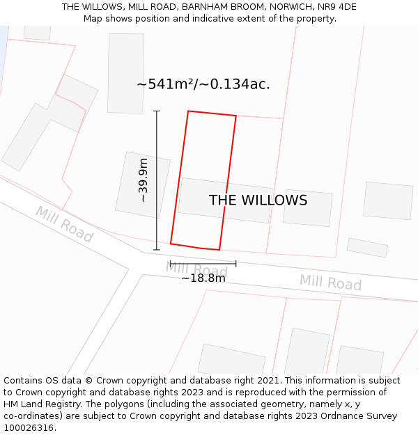 THE WILLOWS, MILL ROAD, BARNHAM BROOM, NORWICH, NR9 4DE: Plot and title map