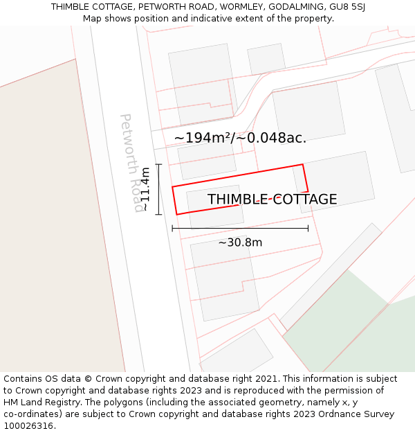 THIMBLE COTTAGE, PETWORTH ROAD, WORMLEY, GODALMING, GU8 5SJ: Plot and title map