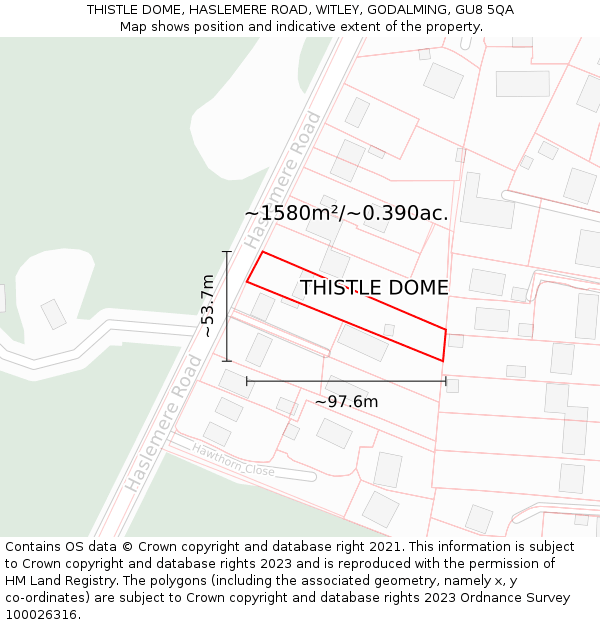 THISTLE DOME, HASLEMERE ROAD, WITLEY, GODALMING, GU8 5QA: Plot and title map
