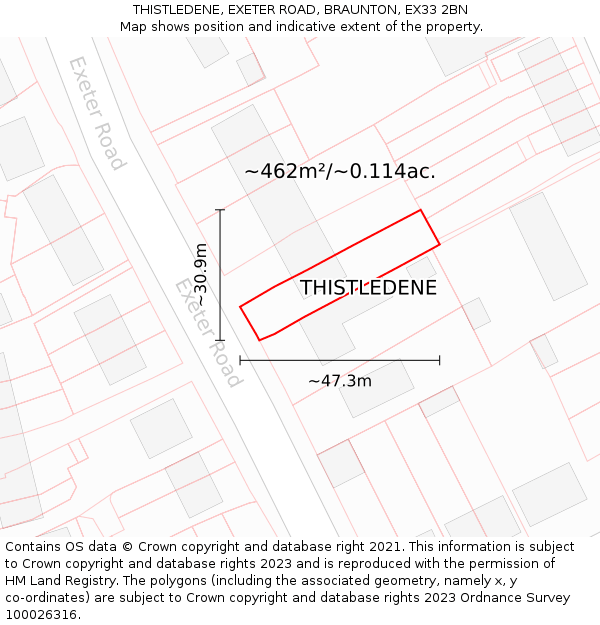 THISTLEDENE, EXETER ROAD, BRAUNTON, EX33 2BN: Plot and title map