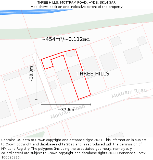 THREE HILLS, MOTTRAM ROAD, HYDE, SK14 3AR: Plot and title map