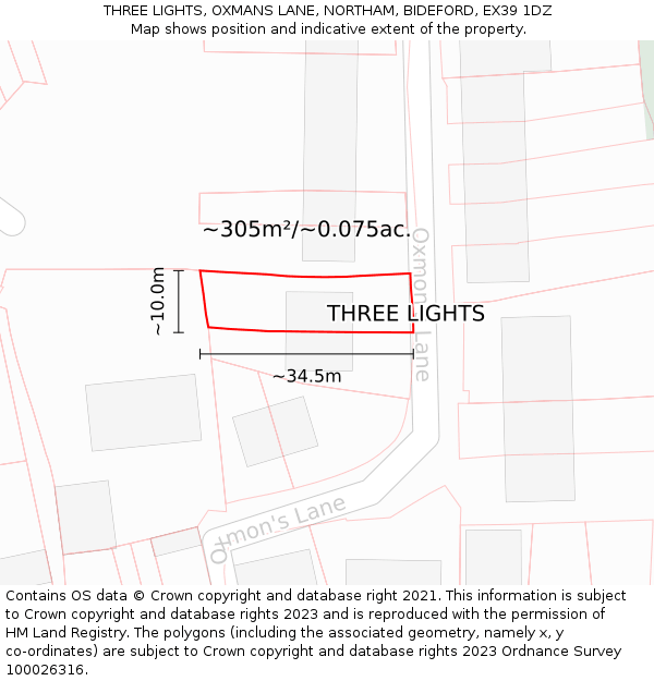 THREE LIGHTS, OXMANS LANE, NORTHAM, BIDEFORD, EX39 1DZ: Plot and title map
