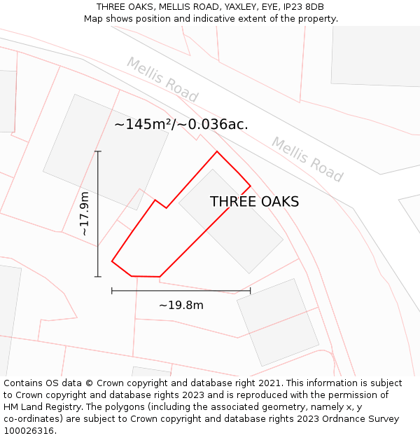 THREE OAKS, MELLIS ROAD, YAXLEY, EYE, IP23 8DB: Plot and title map