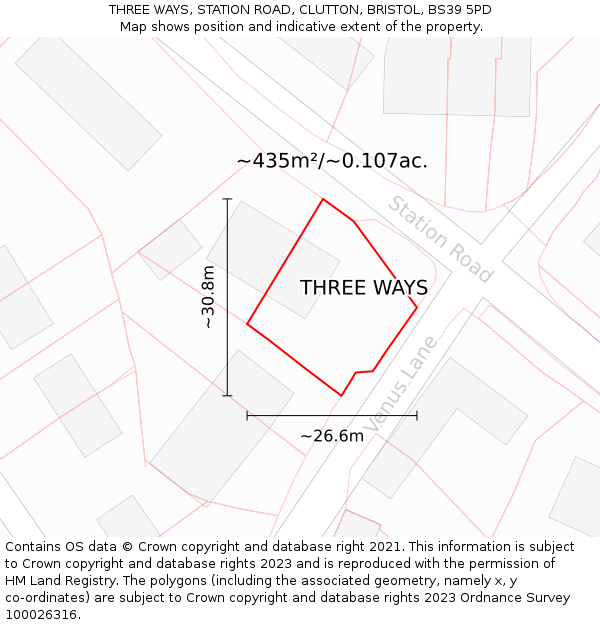 THREE WAYS, STATION ROAD, CLUTTON, BRISTOL, BS39 5PD: Plot and title map