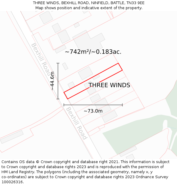 THREE WINDS, BEXHILL ROAD, NINFIELD, BATTLE, TN33 9EE: Plot and title map
