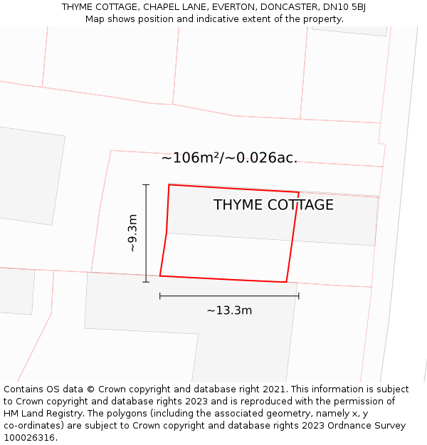 THYME COTTAGE, CHAPEL LANE, EVERTON, DONCASTER, DN10 5BJ: Plot and title map