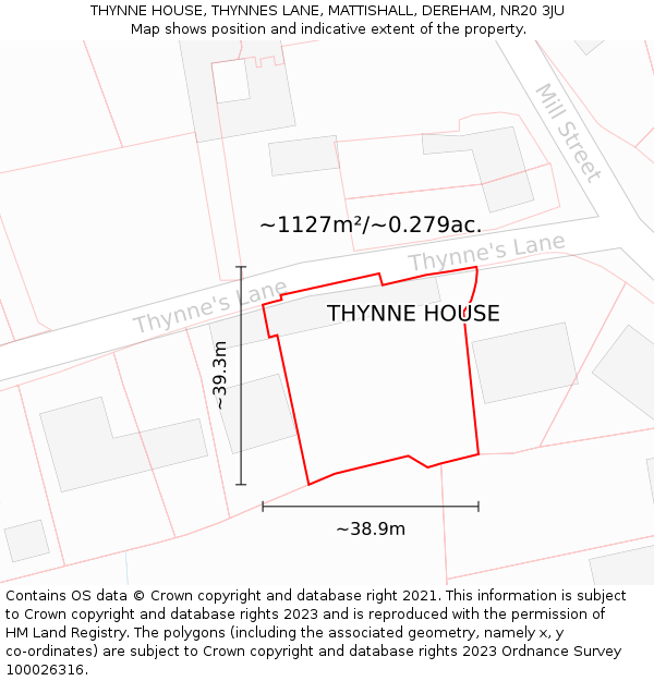 THYNNE HOUSE, THYNNES LANE, MATTISHALL, DEREHAM, NR20 3JU: Plot and title map