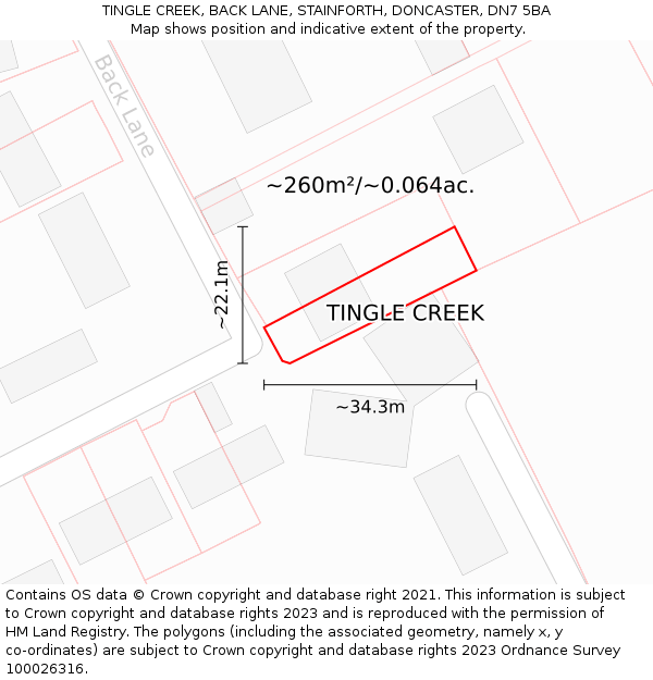 TINGLE CREEK, BACK LANE, STAINFORTH, DONCASTER, DN7 5BA: Plot and title map
