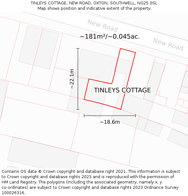 TINLEYS COTTAGE, NEW ROAD, OXTON, SOUTHWELL, NG25 0SL: Plot and title map