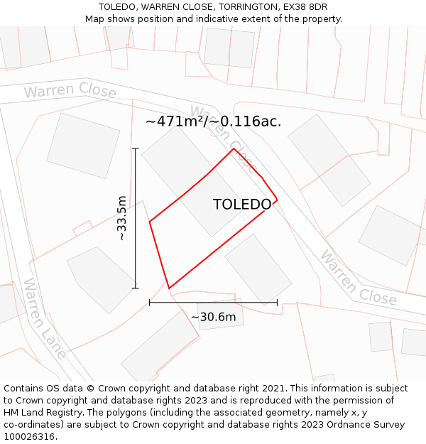 TOLEDO, WARREN CLOSE, TORRINGTON, EX38 8DR: Plot and title map