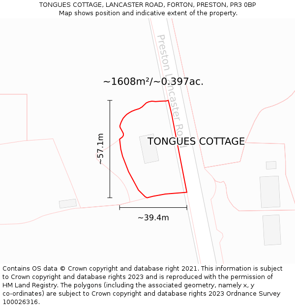 TONGUES COTTAGE, LANCASTER ROAD, FORTON, PRESTON, PR3 0BP: Plot and title map