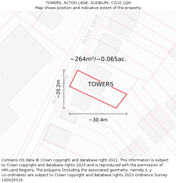 TOWERS, ACTON LANE, SUDBURY, CO10 1QN: Plot and title map