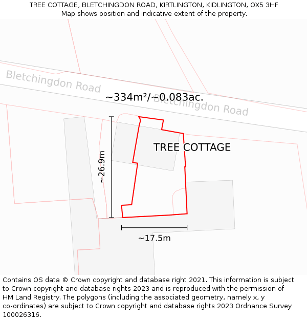 TREE COTTAGE, BLETCHINGDON ROAD, KIRTLINGTON, KIDLINGTON, OX5 3HF: Plot and title map