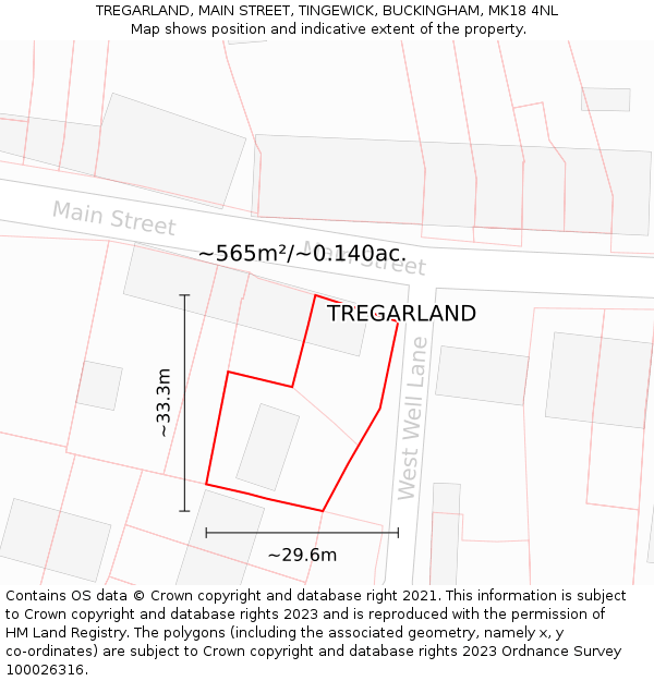 TREGARLAND, MAIN STREET, TINGEWICK, BUCKINGHAM, MK18 4NL: Plot and title map