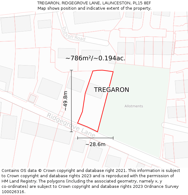 TREGARON, RIDGEGROVE LANE, LAUNCESTON, PL15 8EF: Plot and title map