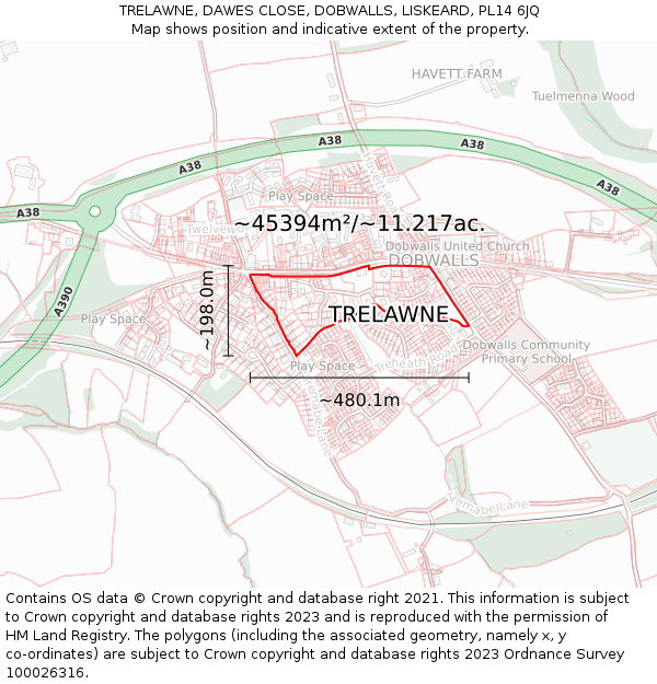 TRELAWNE, DAWES CLOSE, DOBWALLS, LISKEARD, PL14 6JQ: Plot and title map