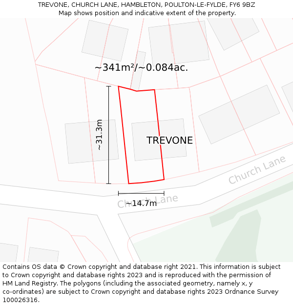 TREVONE, CHURCH LANE, HAMBLETON, POULTON-LE-FYLDE, FY6 9BZ: Plot and title map