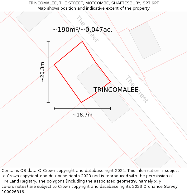 TRINCOMALEE, THE STREET, MOTCOMBE, SHAFTESBURY, SP7 9PF: Plot and title map