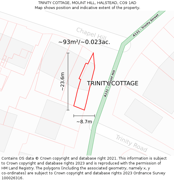 TRINITY COTTAGE, MOUNT HILL, HALSTEAD, CO9 1AD: Plot and title map