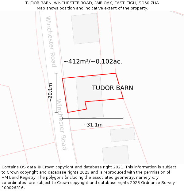 TUDOR BARN, WINCHESTER ROAD, FAIR OAK, EASTLEIGH, SO50 7HA: Plot and title map