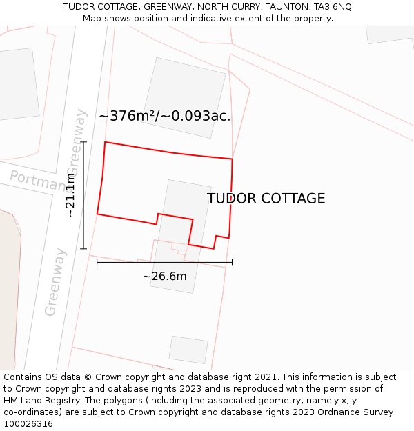 TUDOR COTTAGE, GREENWAY, NORTH CURRY, TAUNTON, TA3 6NQ: Plot and title map
