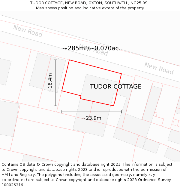 TUDOR COTTAGE, NEW ROAD, OXTON, SOUTHWELL, NG25 0SL: Plot and title map