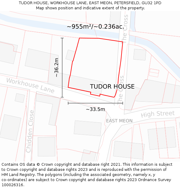 TUDOR HOUSE, WORKHOUSE LANE, EAST MEON, PETERSFIELD, GU32 1PD: Plot and title map