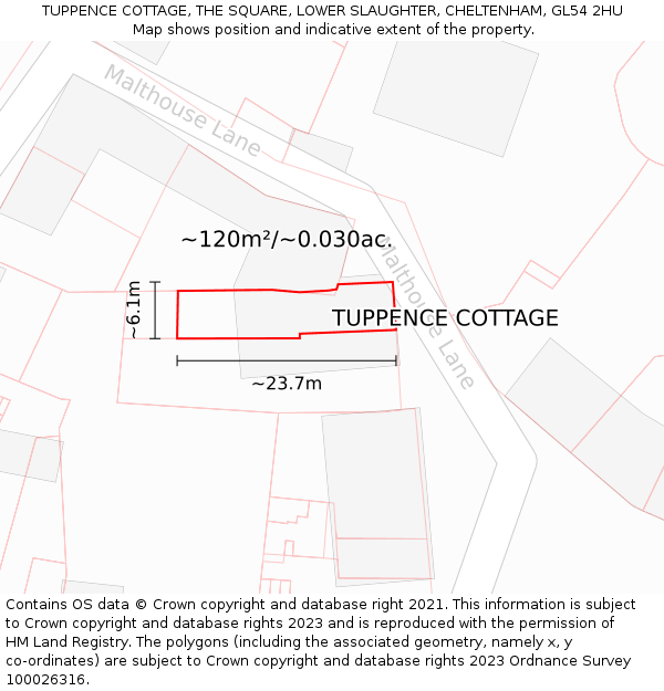 TUPPENCE COTTAGE, THE SQUARE, LOWER SLAUGHTER, CHELTENHAM, GL54 2HU: Plot and title map