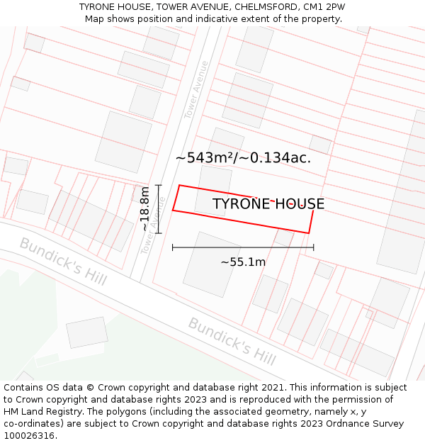 TYRONE HOUSE, TOWER AVENUE, CHELMSFORD, CM1 2PW: Plot and title map