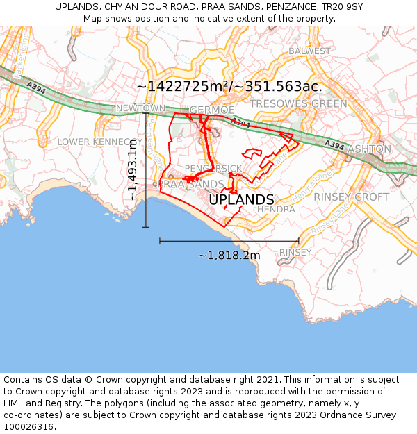 UPLANDS, CHY AN DOUR ROAD, PRAA SANDS, PENZANCE, TR20 9SY: Plot and title map