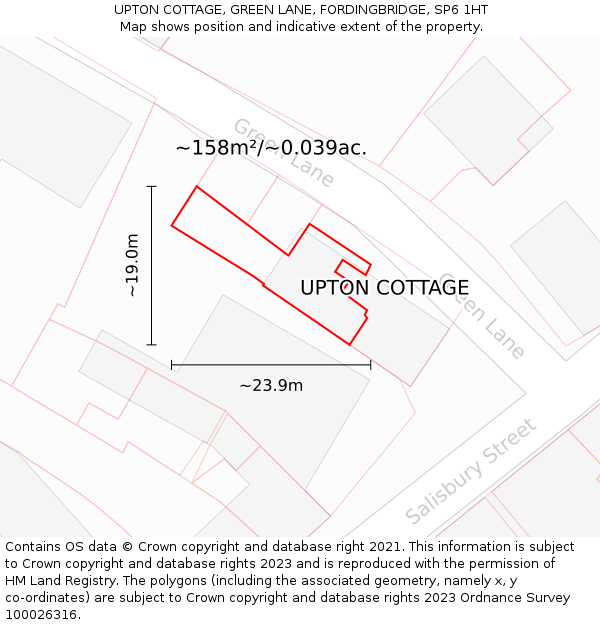UPTON COTTAGE, GREEN LANE, FORDINGBRIDGE, SP6 1HT: Plot and title map
