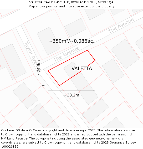 VALETTA, TAYLOR AVENUE, ROWLANDS GILL, NE39 1QA: Plot and title map
