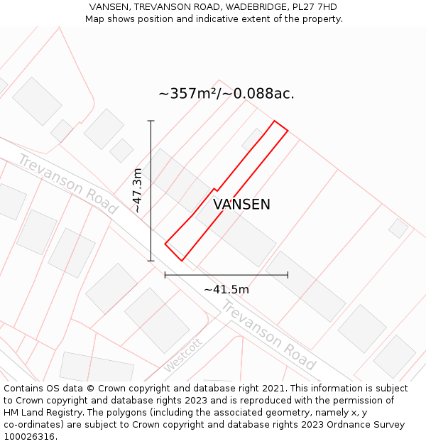 VANSEN, TREVANSON ROAD, WADEBRIDGE, PL27 7HD: Plot and title map