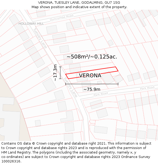 VERONA, TUESLEY LANE, GODALMING, GU7 1SG: Plot and title map
