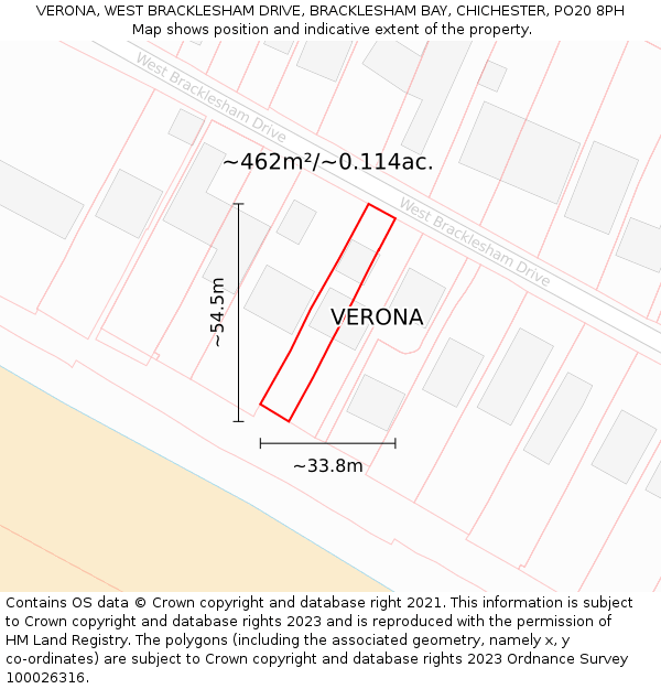 VERONA, WEST BRACKLESHAM DRIVE, BRACKLESHAM BAY, CHICHESTER, PO20 8PH: Plot and title map